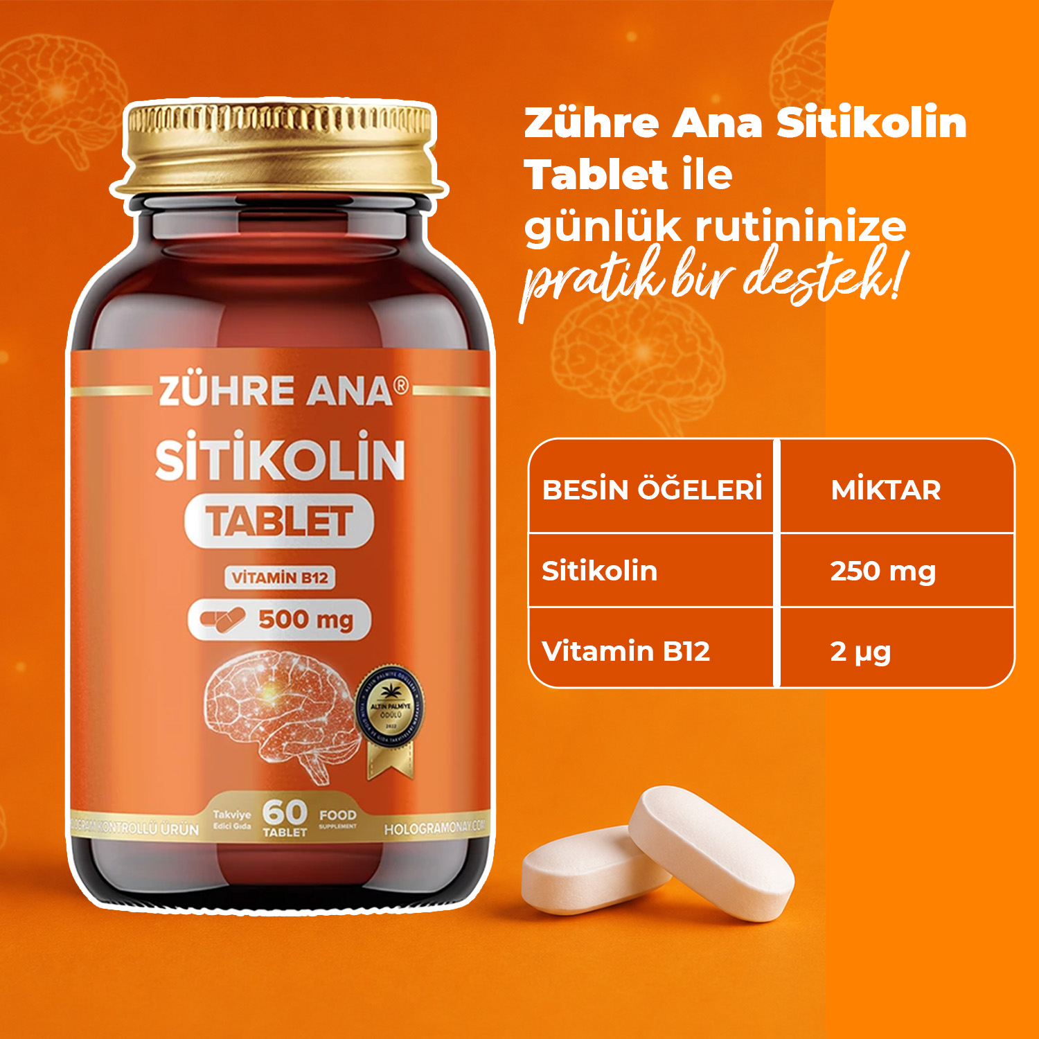 Zühre Ana Citicolin-500 mg 60 Tabletten enthalten Vitamin B12 – Bild 2