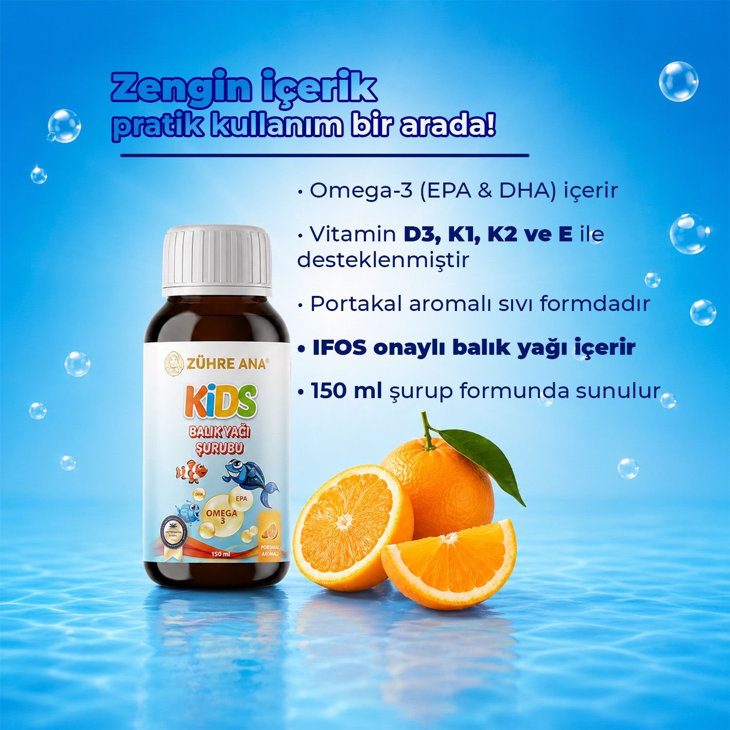 Zühre Ana Kids Omega-3 Fischöl-Sirup mit Orangengeschmack – 150 ml – Bild 3