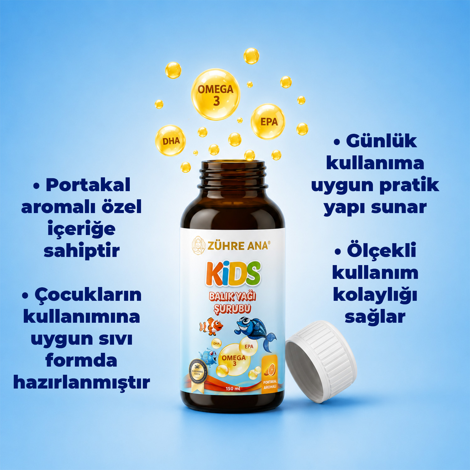 Zühre Ana Kids Omega-3 Fischöl-Sirup mit Orangengeschmack – 150 ml – Bild 5