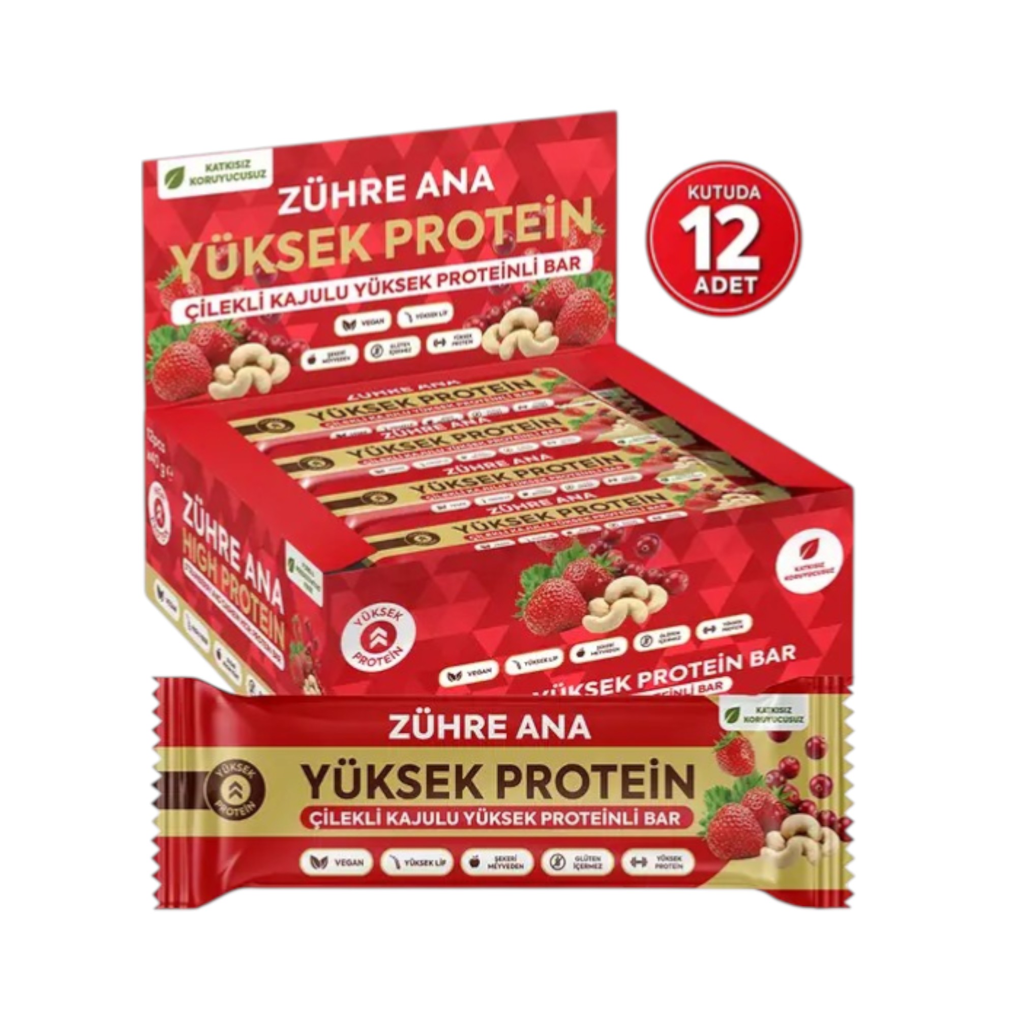 ZÜHRE ANA Erdbeer-Cashew-Riegel mit hohem Proteingehalt, 12 Stück