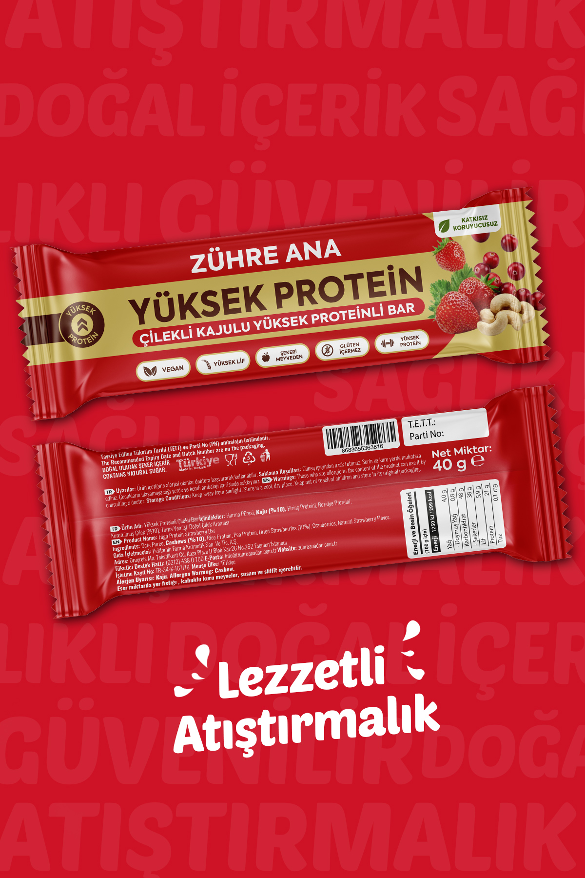 ZÜHRE ANA Erdbeer-Cashew-Riegel mit hohem Proteingehalt, 12 Stück – Bild 2