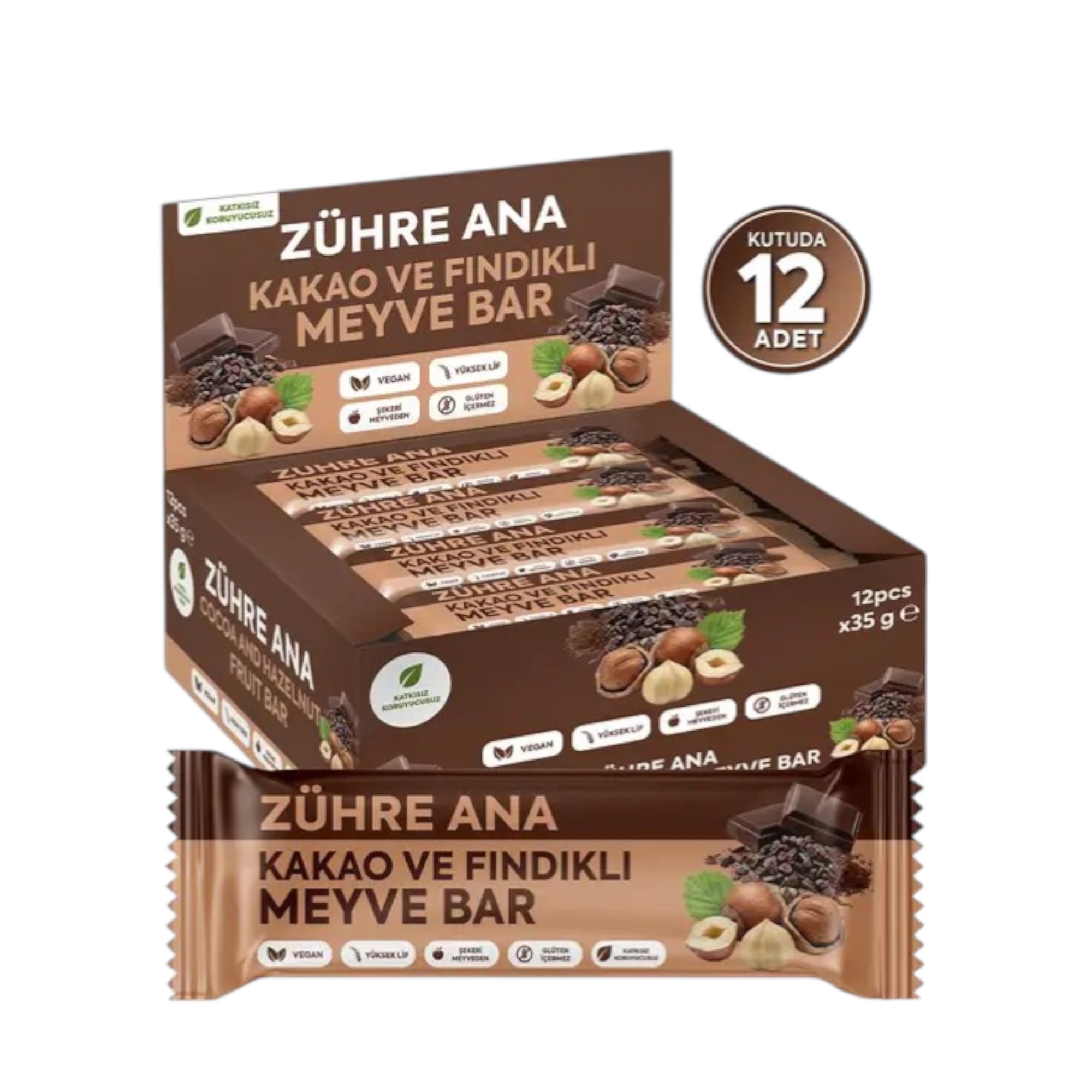 ZÜHRE ANA Kakao- und Haselnuss-Fruchtriegel, 12 Stück