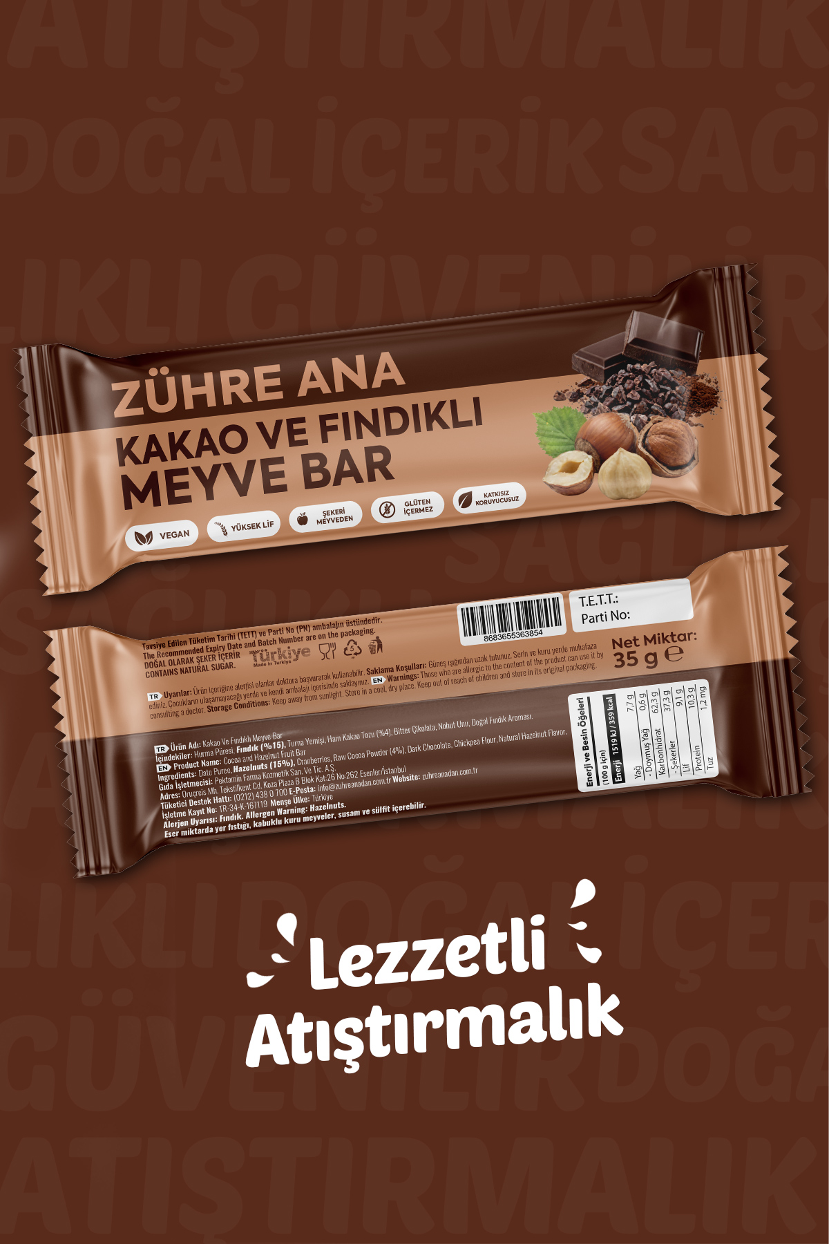 ZÜHRE ANA Kakao- und Haselnuss-Fruchtriegel, 12 Stück – Bild 2