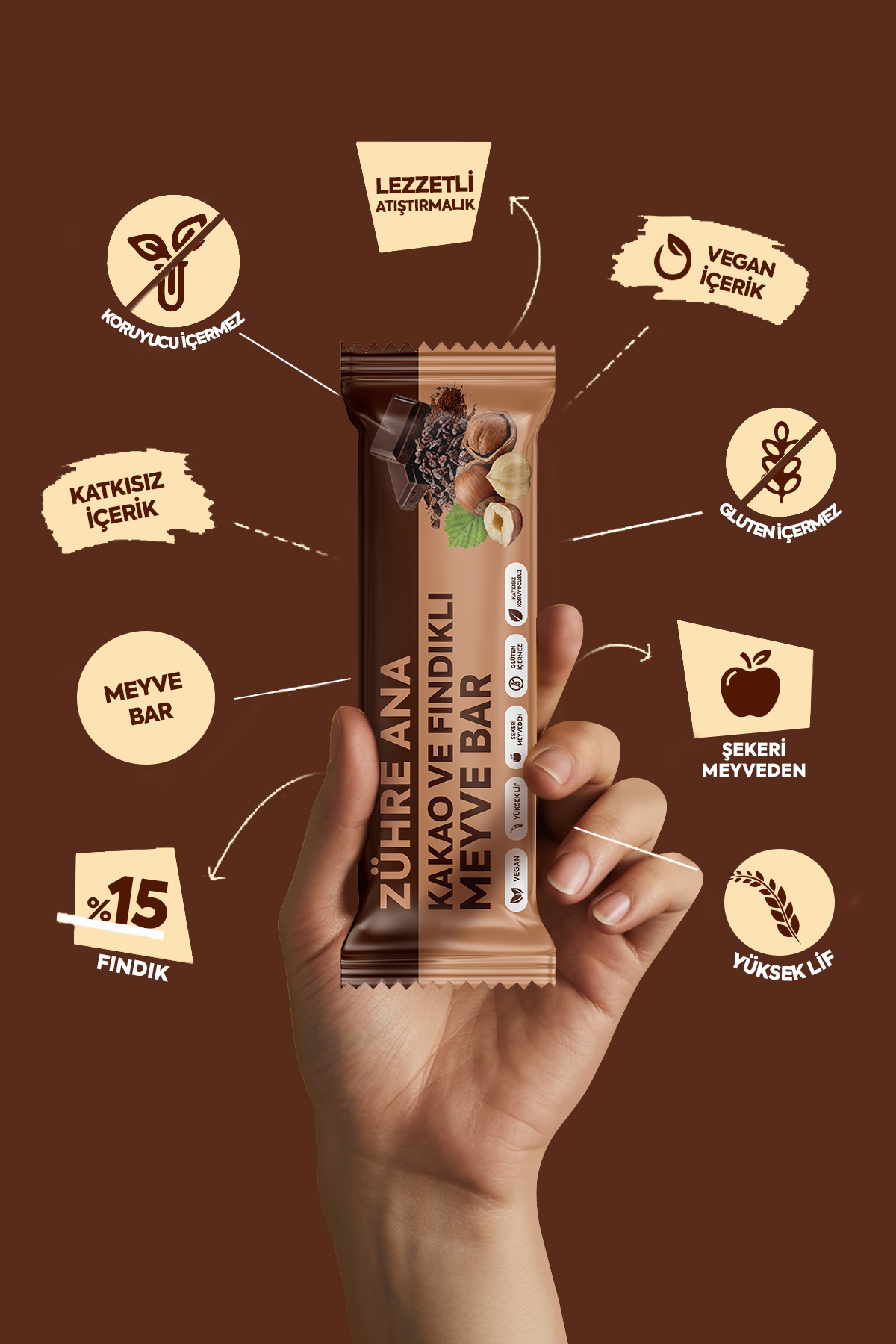 ZÜHRE ANA Kakao- und Haselnuss-Fruchtriegel, 12 Stück – Bild 3