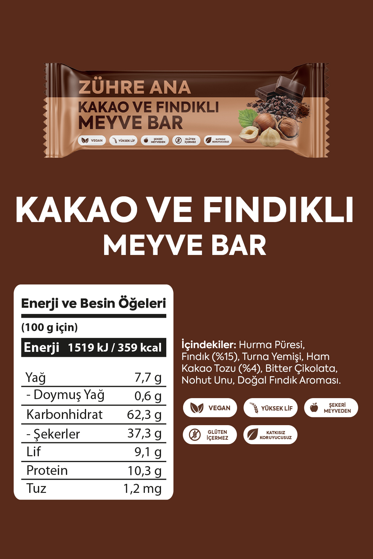 ZÜHRE ANA Kakao- und Haselnuss-Fruchtriegel, 12 Stück – Bild 4