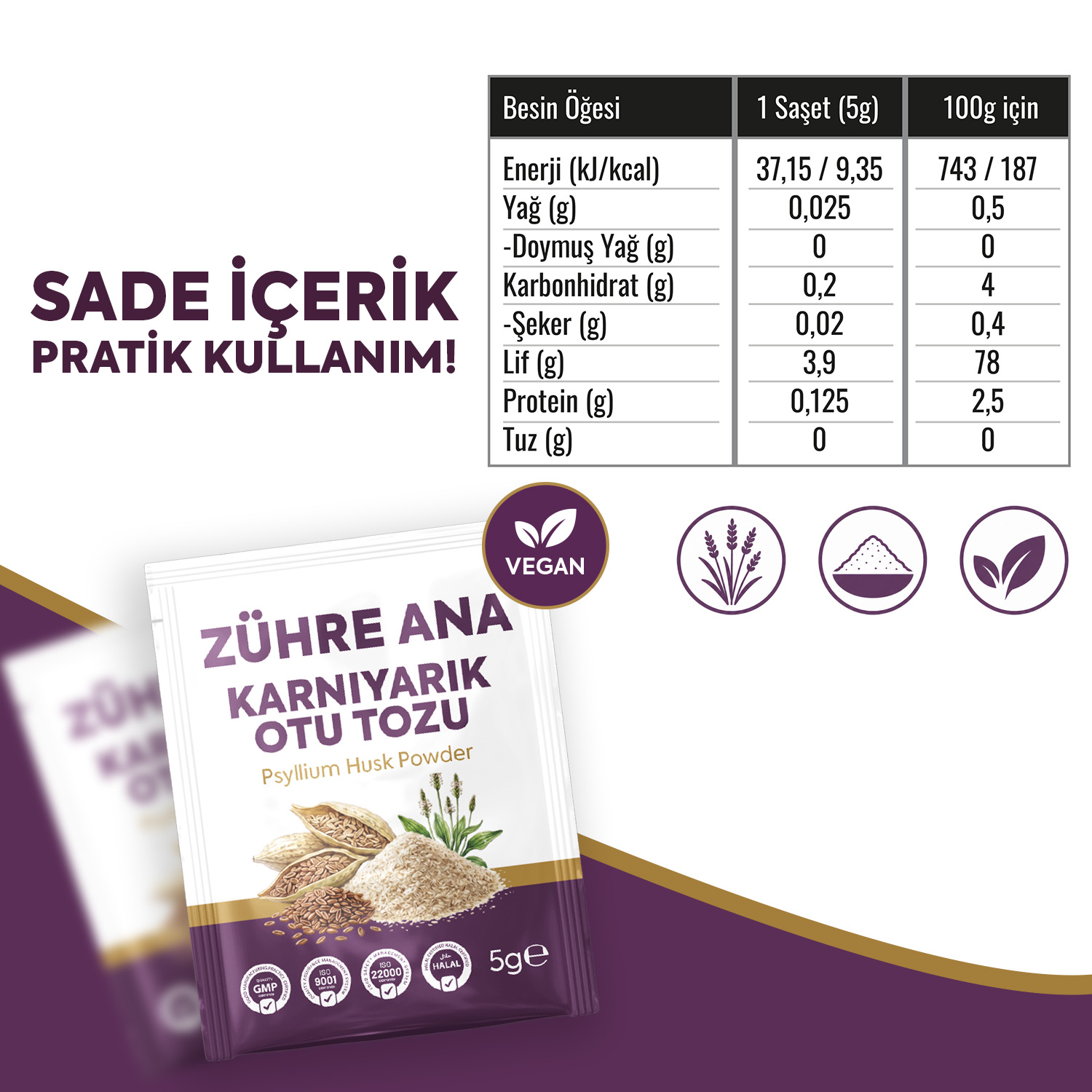 Zühre Ana Karnıyarık Otu Tozu 30 Saşe 150g – Yüksek Lifli Psyllium Husk – Bild 2