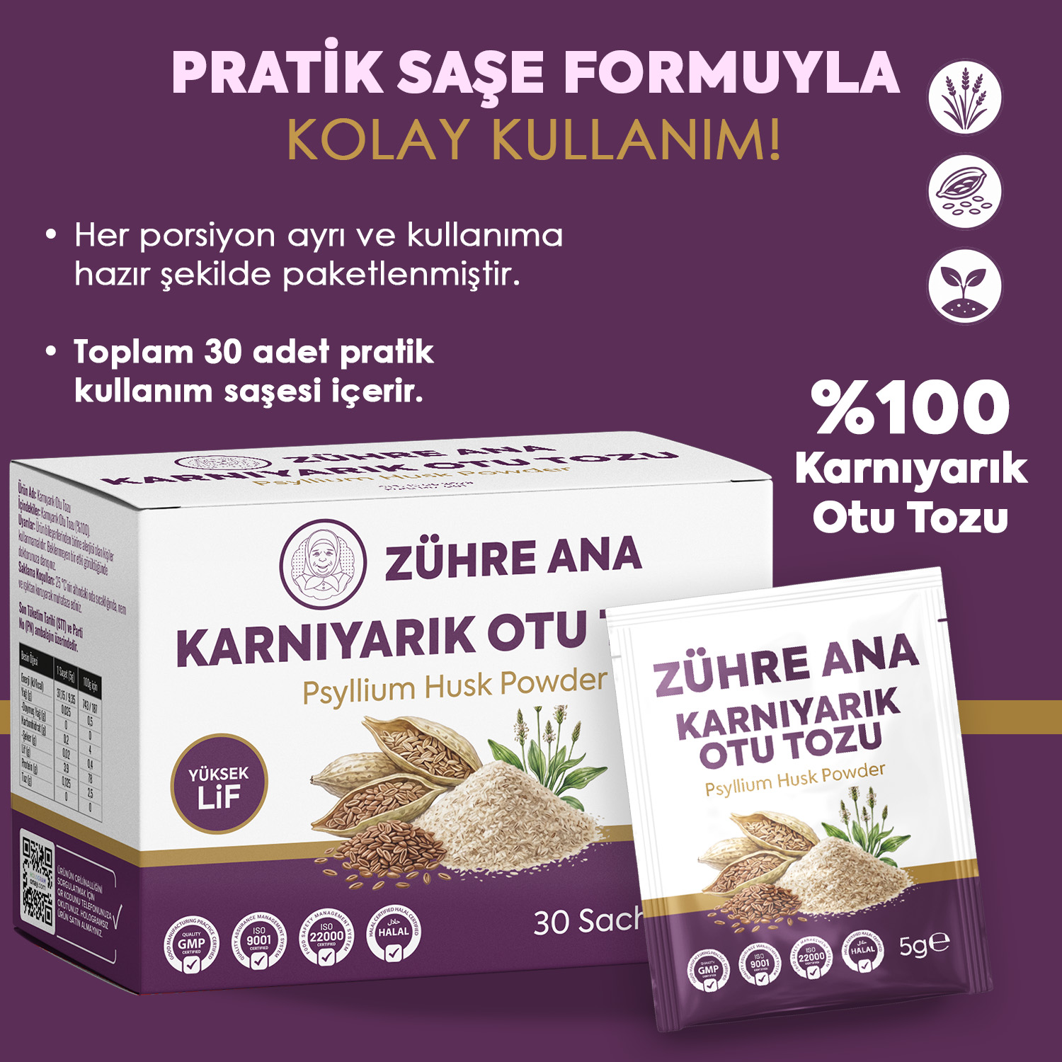 Zühre Ana Karnıyarık Otu Tozu 30 Saşe 150g – Yüksek Lifli Psyllium Husk – Bild 3