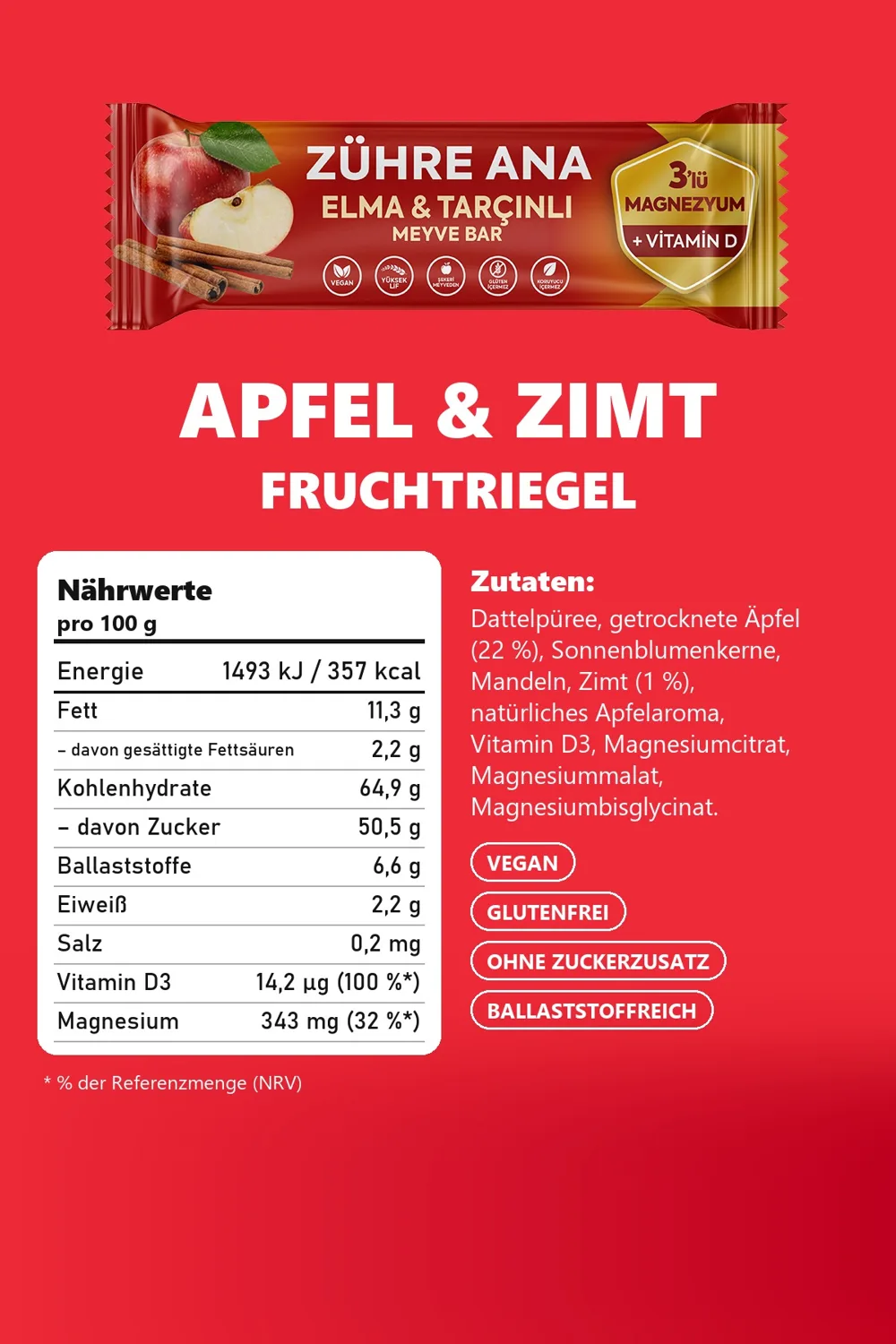 Zühre Ana Apfel-Zimt-Fruchtriegel 420 g – Nährwerte