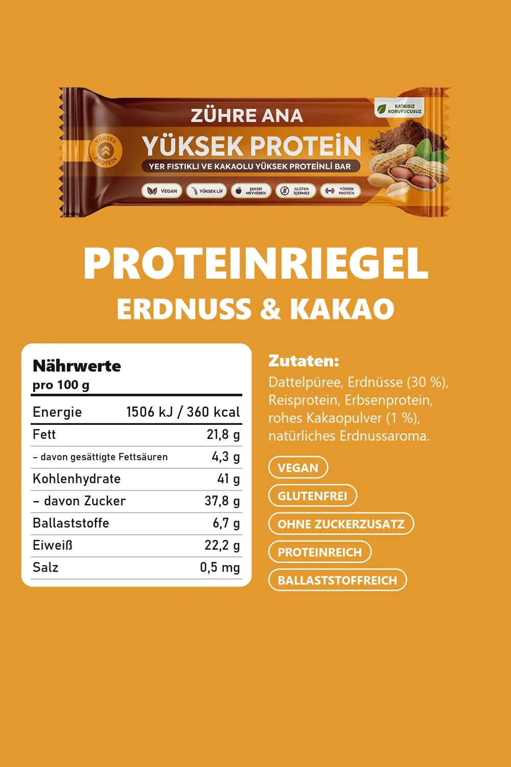Zühre Ana Erdnuss-Kakao-Proteinriegel 480 g – Nährwerte