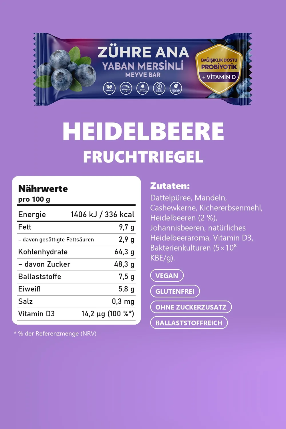Zühre Ana Heidelbeer-Fruchtriegel 420 g – Nährwerte