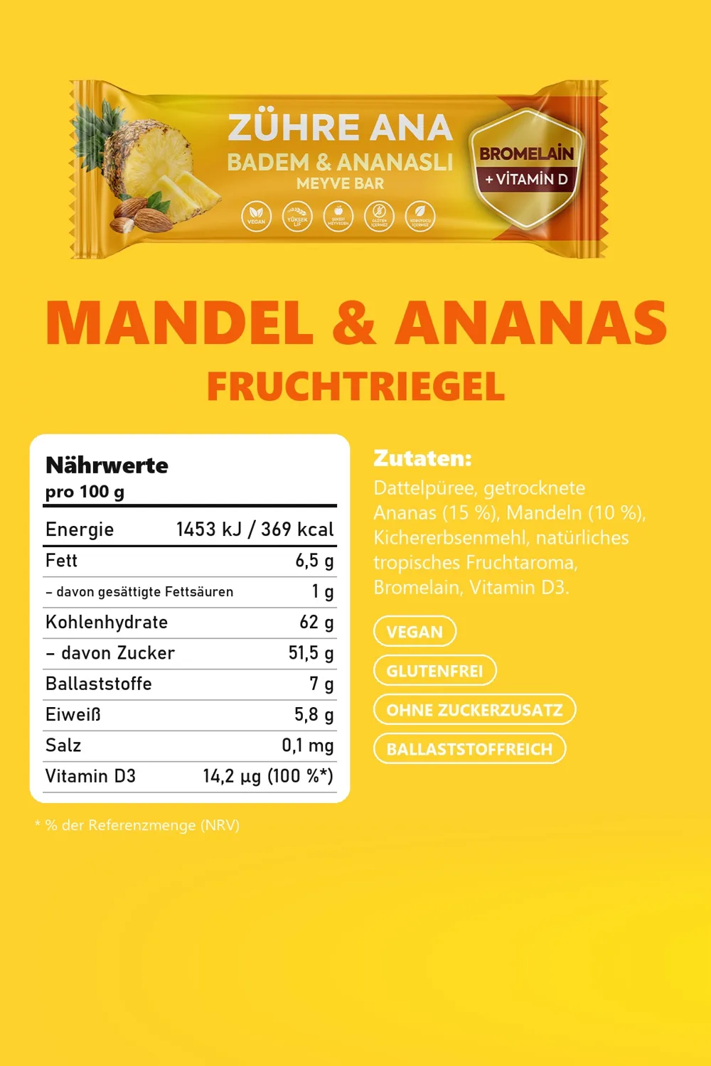 Zühre Ana Mandel-Ananas-Fruchtriegel 420 g – Nährwerte