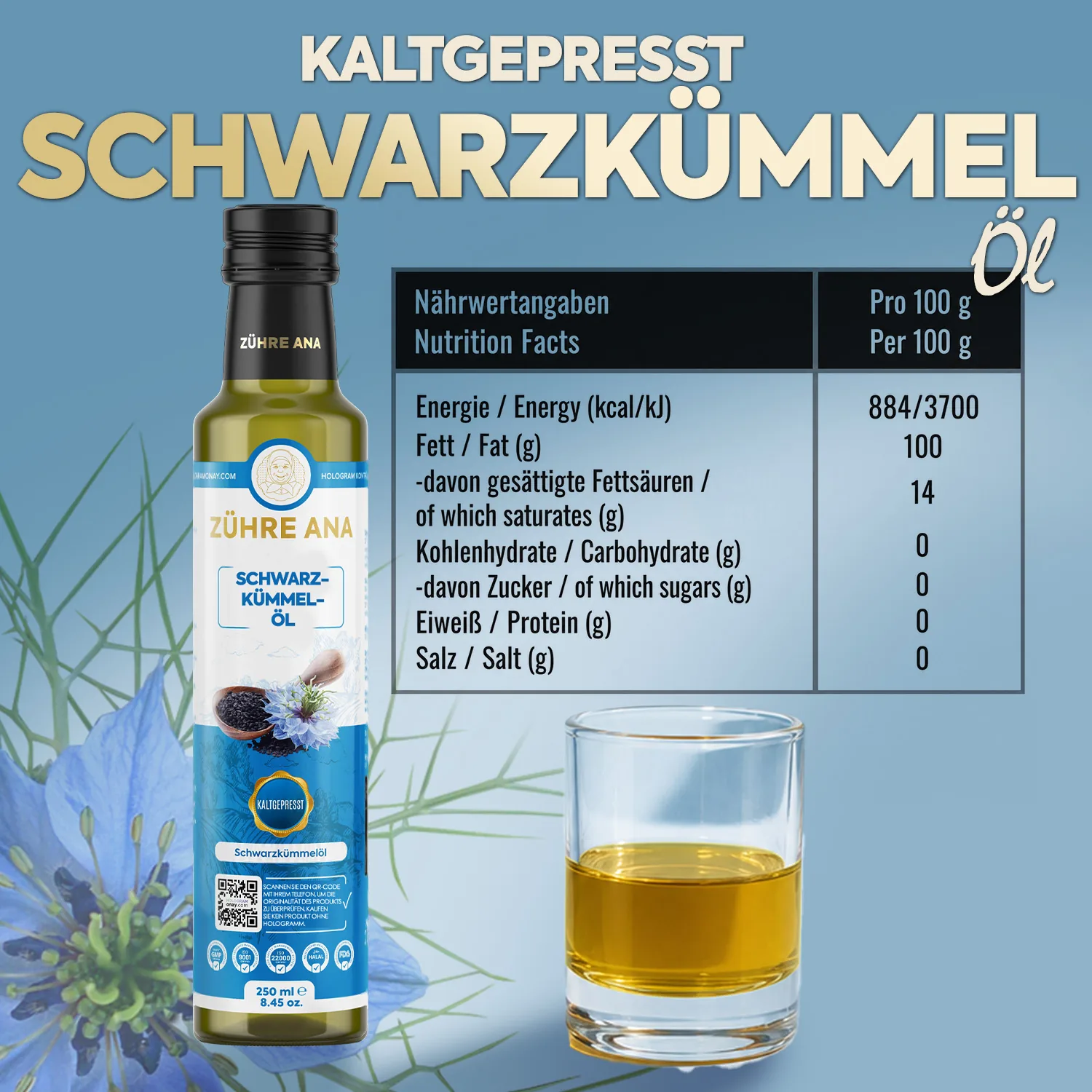 Zühre Ana Schwarzkümmelöl 250 ml – Nährwerte