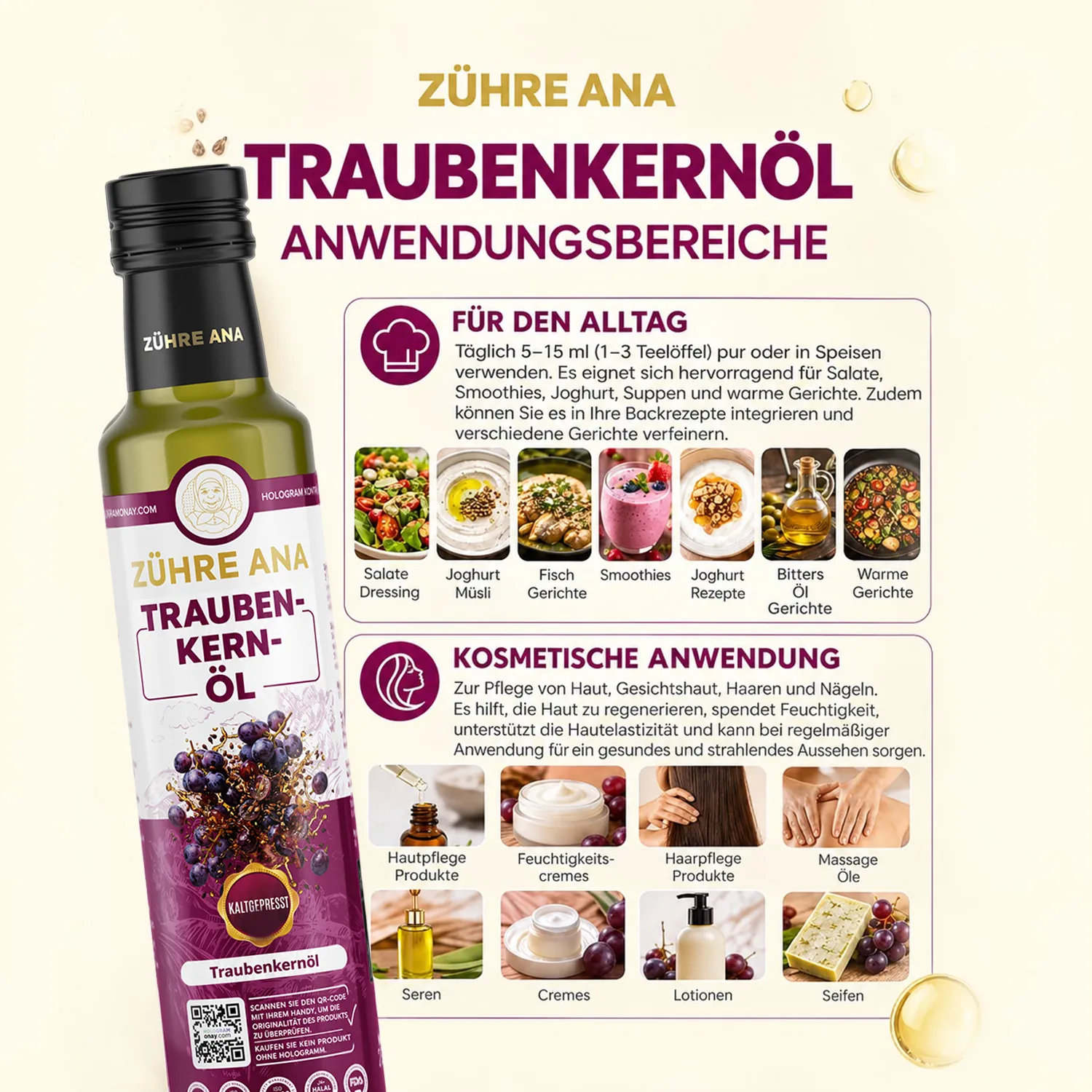 Zühre Ana Traubenkernöl 250 ml – Anwendung