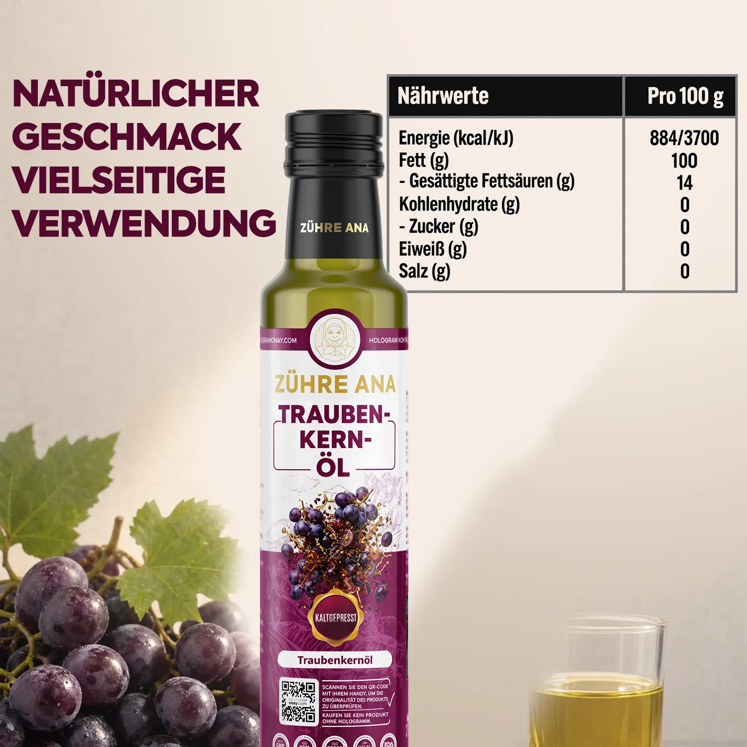 Zühre Ana Traubenkernöl 250 ml – Nährwerte